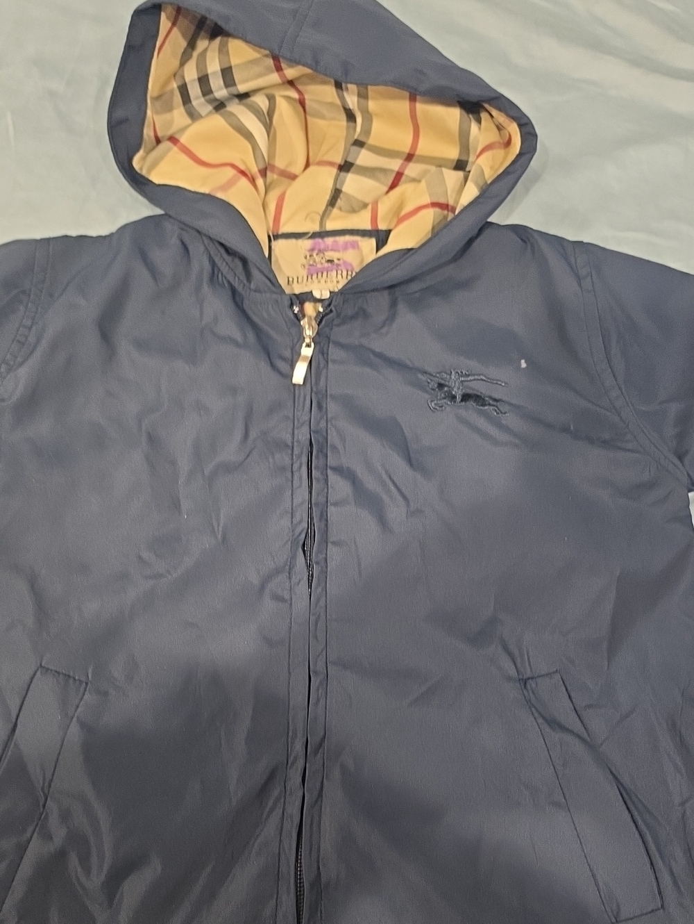 Burberry Navy Hooded Jacket with Beige Check Lining